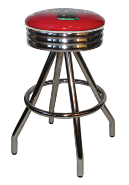 400-49NSCBB - New Retro Dining Coke Brand 30" Revolving Single Foot Ring Stool with Scalloped Chrome Ring Seat Ring, Coca Cola Bull's Eye Silk Screen Seat and Pyramid Legs.
