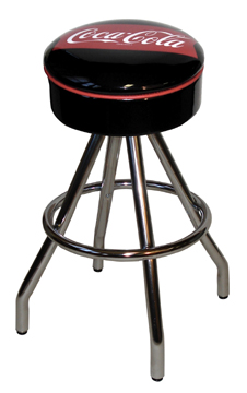400-46FT - New Retro Dining Coke Brand 30" Revolving Single Foot Ring Stool with Painted Chrome Ring Seat Ring, Coca Cola Fishtail Icon Silk Screen Seat and Pyramid Legs.
